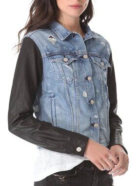 Rag & Bone Women's The Jean Jacket w/ Black Lamb Leather Sleeves M